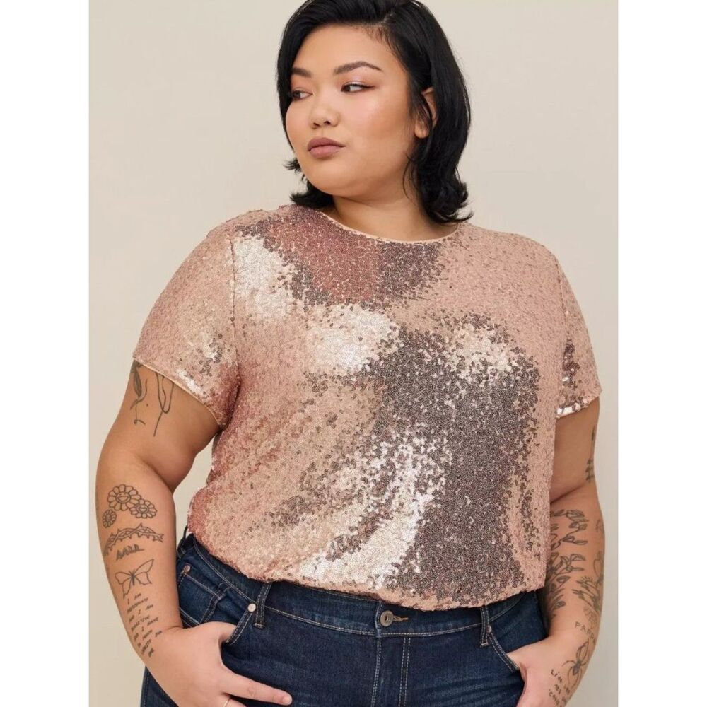 TORRID Champagne Plus Sz 5X (28) Embellished Sequined Sparkly Lined ABBEY Shirt